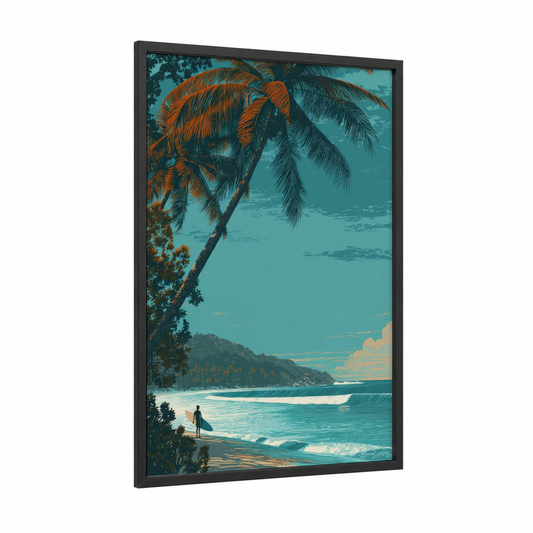 Tropical Surfer Paradise framed sandy beach print — black wood frame — teal and gold palette