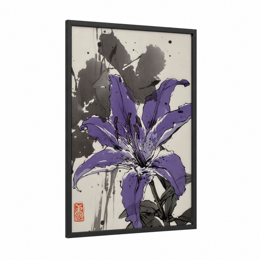 Purple Iris Bloom framed lily print — black wood frame — purple and gray palette