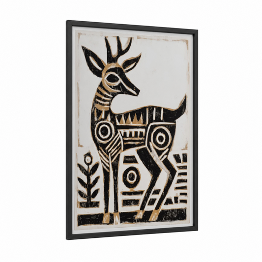 Geometric Elk framed art print — black wood frame — black and white and gold palette