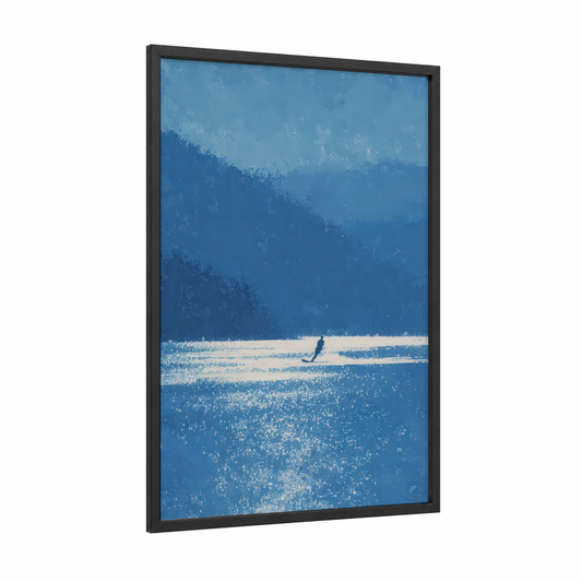 Solitary Skier framed water skiing print — black wood frame — blue and white palette