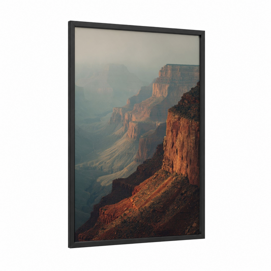 Golden Canyon Cliffs framed art print — black wood frame — gold and gray and yellow palette
