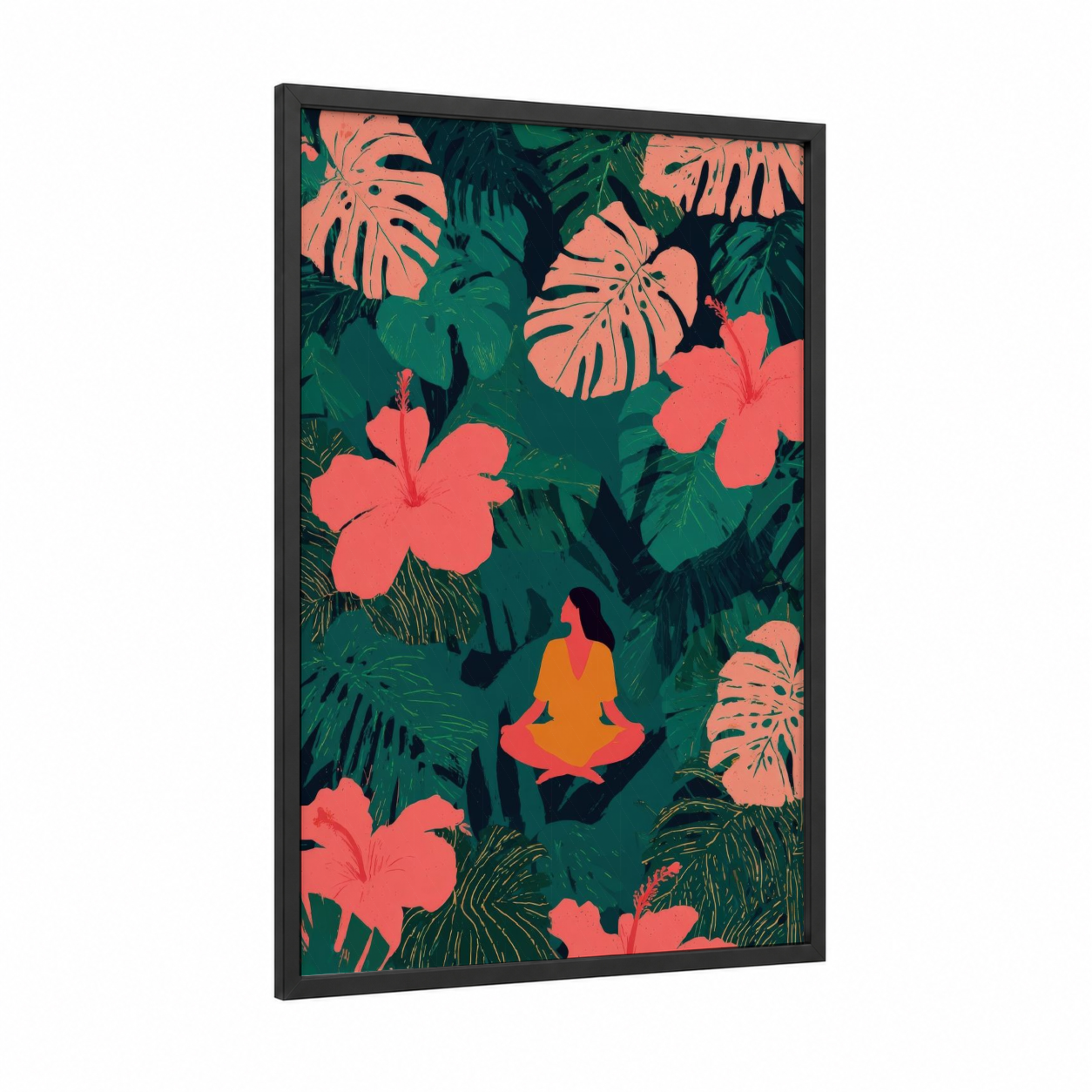 Tropical Yoga Meditation framed fitness yoga print — black wood frame — true green and salmon pink palette