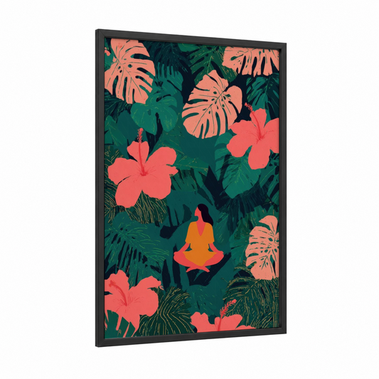 Tropical Yoga Meditation framed fitness yoga print — black wood frame — true green and salmon pink palette