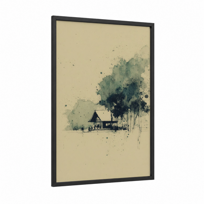 Village Cricket Pavilion framed art print — black wood frame — sage green and cream palette