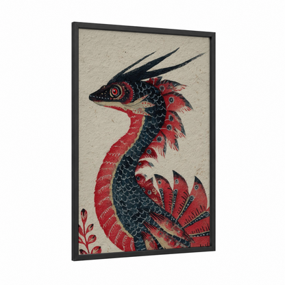 Crimson Basilisk framed art print — black wood frame — red and black palette