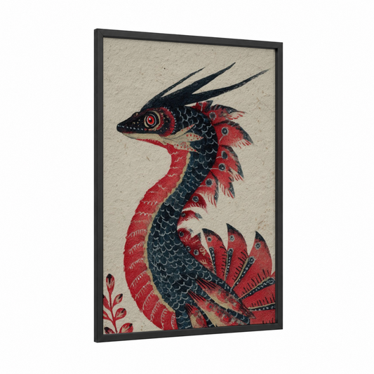 Crimson Basilisk framed art print — black wood frame — red and black palette