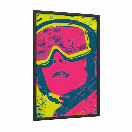 Neon Skier framed skiing print — black wood frame — magenta and yellow gold palette