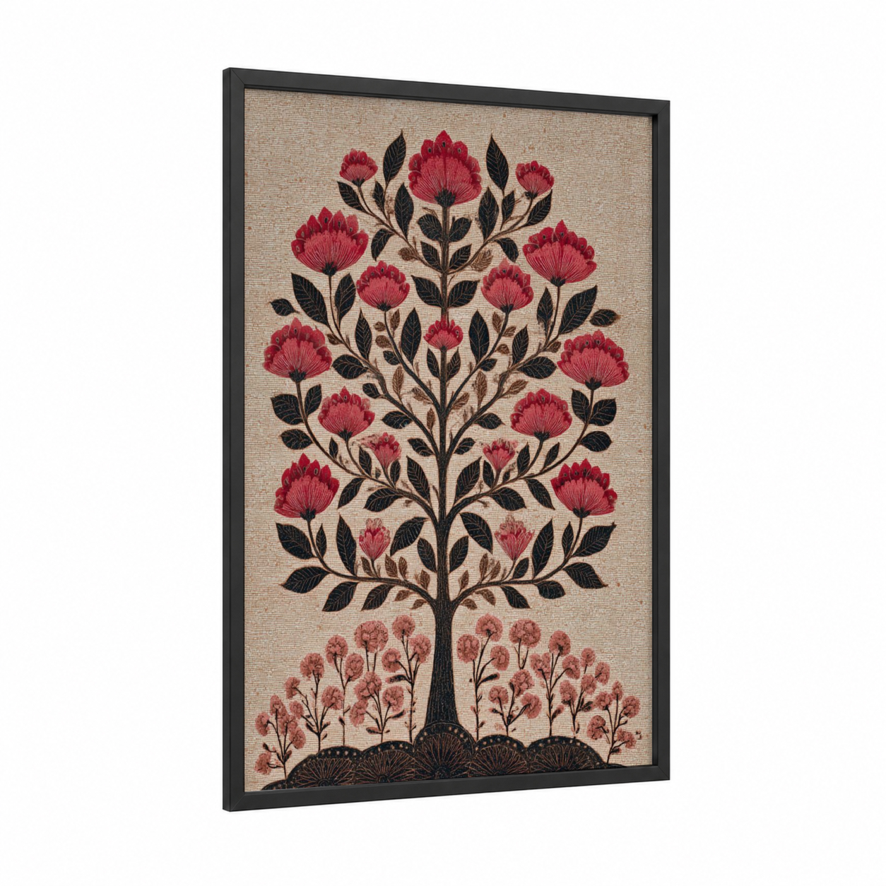 Crimson Flowering Tree framed abstract flower print — black wood frame — red and beige palette