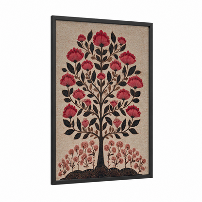 Crimson Flowering Tree framed abstract flower print — black wood frame — red and beige palette