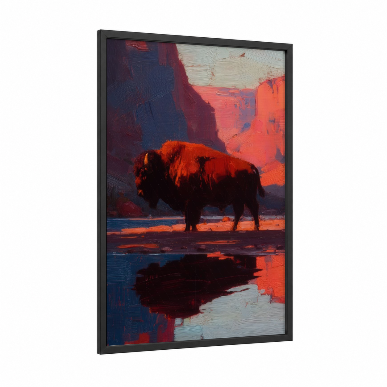 Crimson Bison framed art print — black wood frame — red and dark blue palette