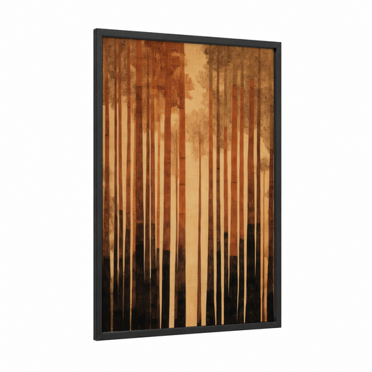 Misty Cedar Forest framed art print — black wood frame — gold and black palette