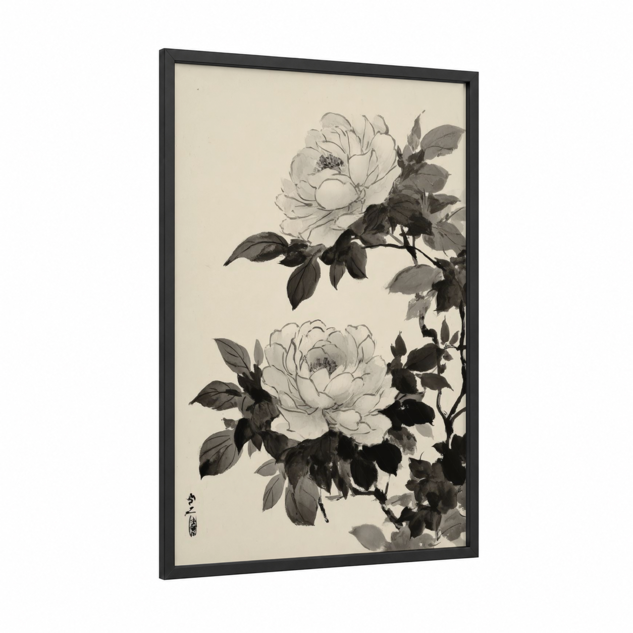 Moonlight Peony framed art print — black wood frame — black and white and cream palette