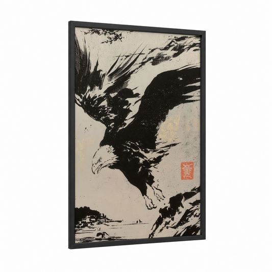 Soaring Eagle framed art print — black wood frame — black and white and cream palette