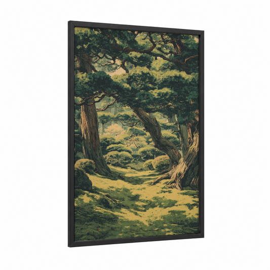 Enchanted Cedar Grove framed cedar forest print — black wood frame — green and gold palette