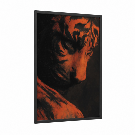 Crimson Portrait framed body art print — black wood frame — red and black palette