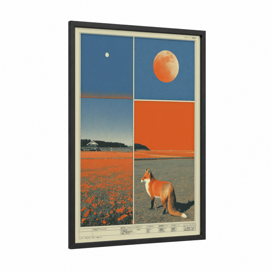 Fox Field Diptych framed japanese y2k print — black wood frame — blue and pumpkin palette