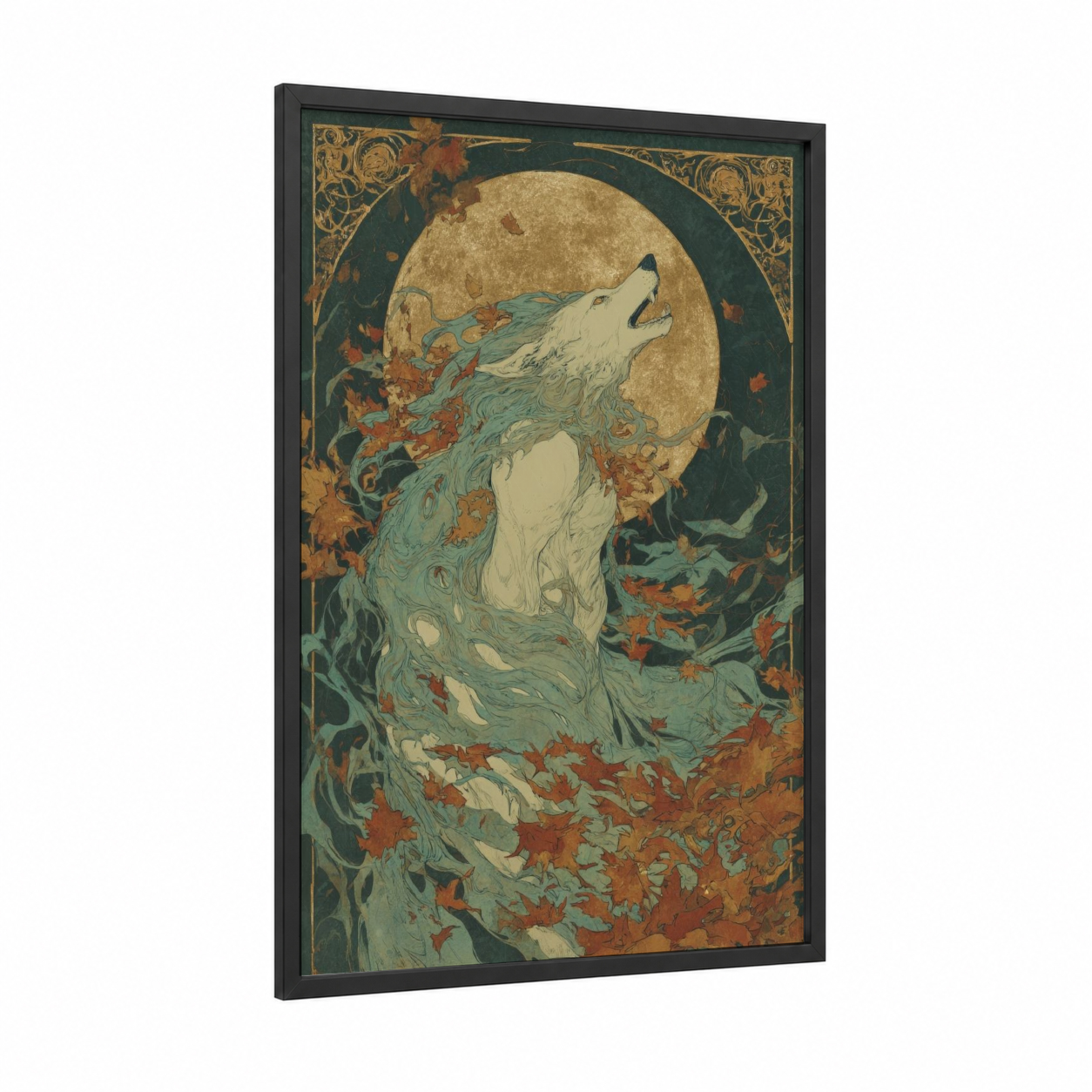 Autumn Werewolf framed art print — black wood frame — gold and teal palette