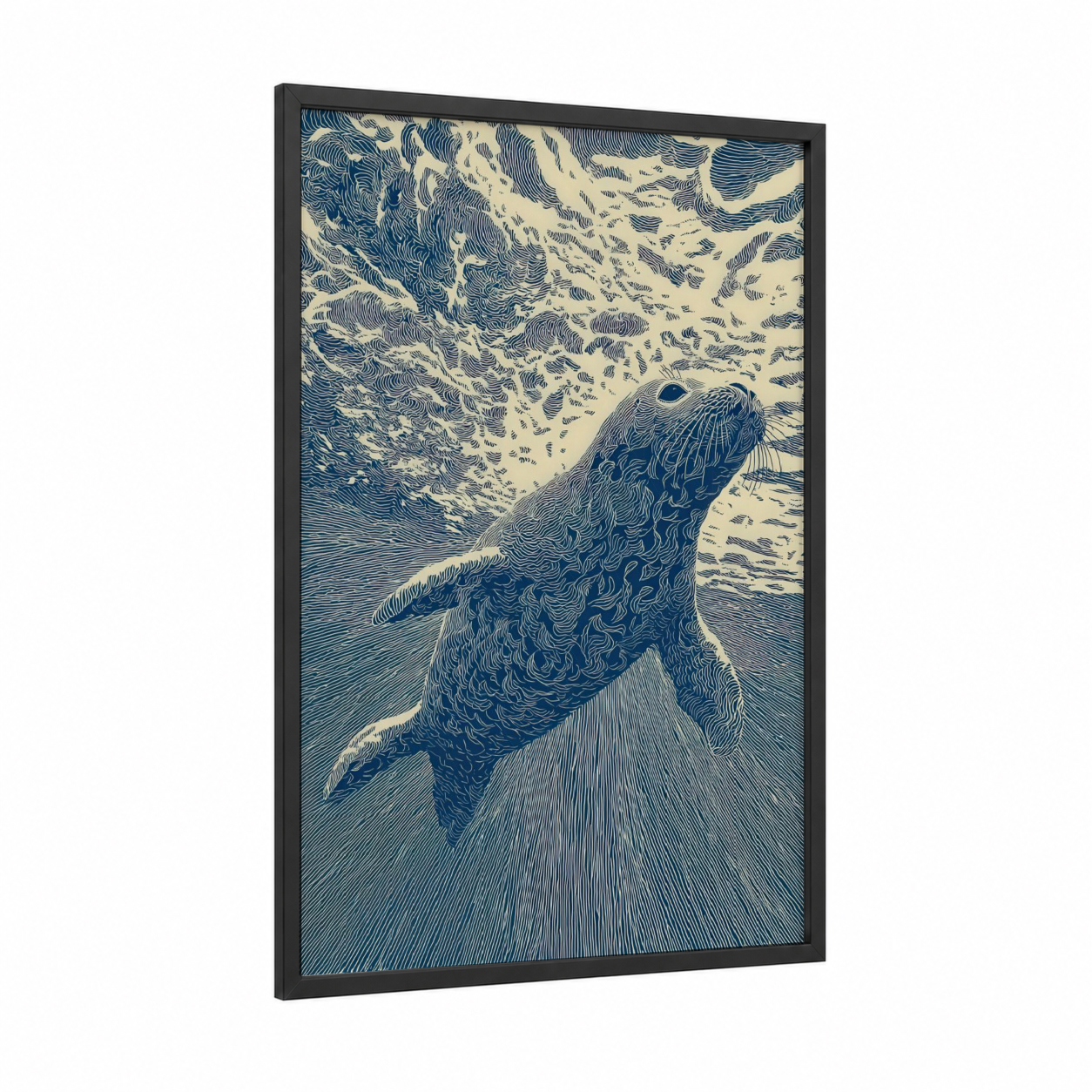 Ascending Seal framed art print — black wood frame — blue and white palette