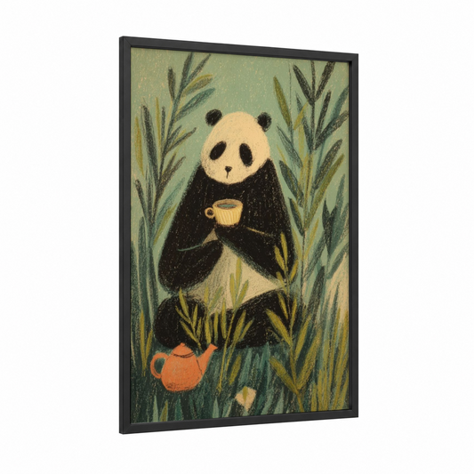 Zen Panda Tea framed art print — black wood frame — sage green and cream palette
