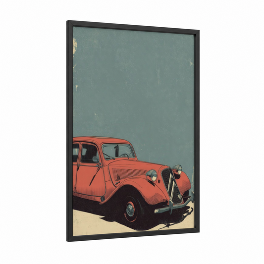 Coral Classic Coupe framed classic car print — black wood frame — sage green palette