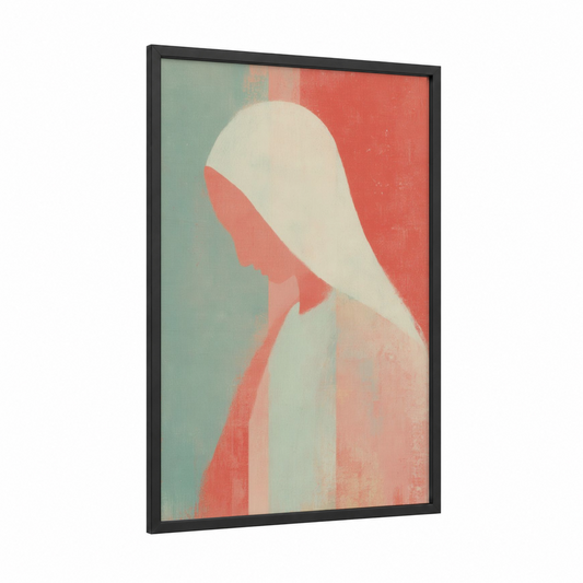 Serene Madonna framed virgin mary print — black wood frame — peach and light green palette