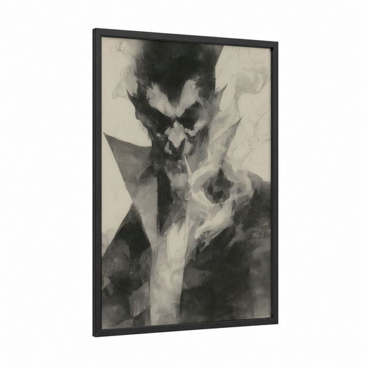 Shadowed Vampire framed art print — black wood frame — black and black and white palette