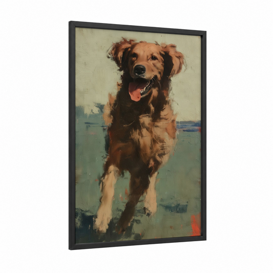 Happy Retriever framed art print — black wood frame — brown and sage green palette