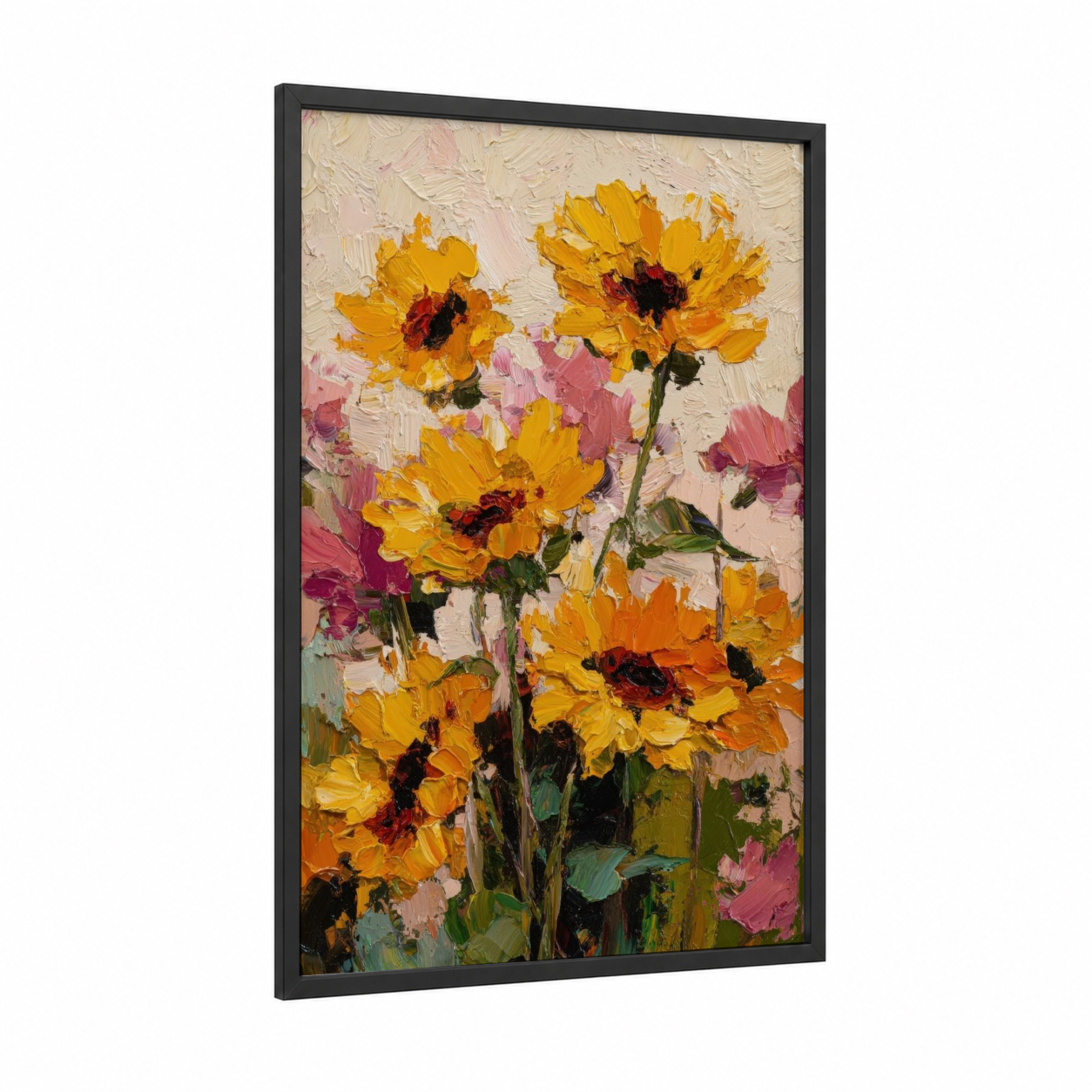 Golden Sunflower Blooms framed sunflower field print — black wood frame — yellow gold and pink palette