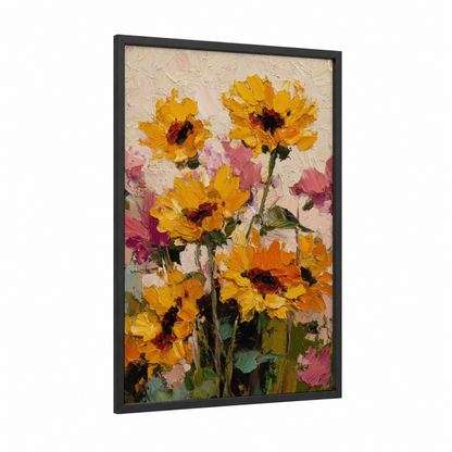 Golden Sunflower Blooms framed sunflower field print — black wood frame — yellow gold and pink palette