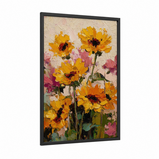 Golden Sunflower Blooms framed sunflower field print — black wood frame — yellow gold and pink palette