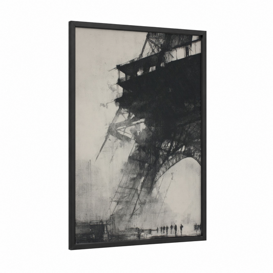 Industrial Eiffel Tower framed art print — black wood frame — black and white and gray palette