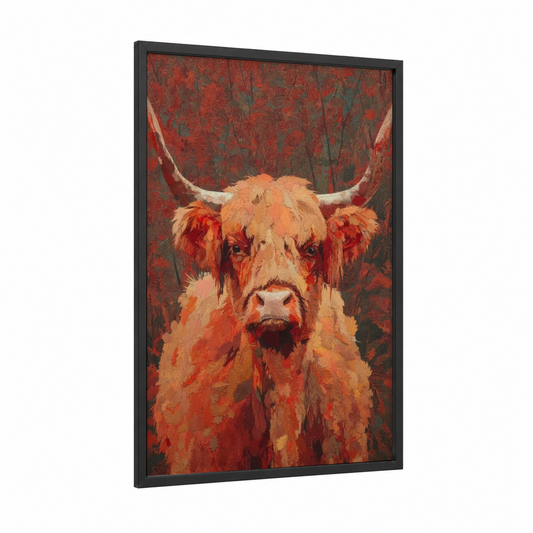 Rustic Highland Cow framed art print — black wood frame — red and orange palette