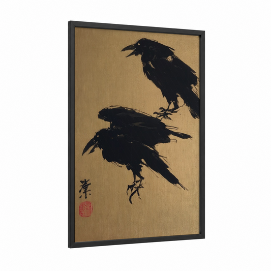 Perched Ravens framed crows and ravens print — black wood frame — black and beige palette