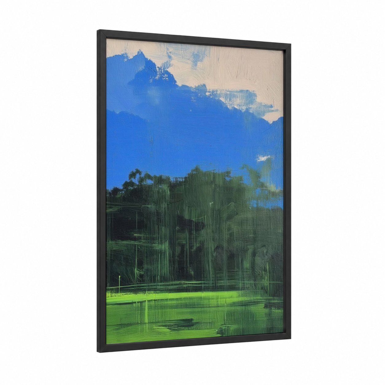 Azure Wetlands framed abstract classic print — black wood frame — blue and light green palette