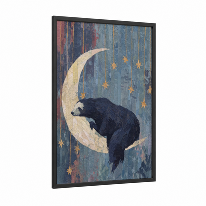 Moonlit Sloth Bear framed art print — black wood frame — blue and gold palette