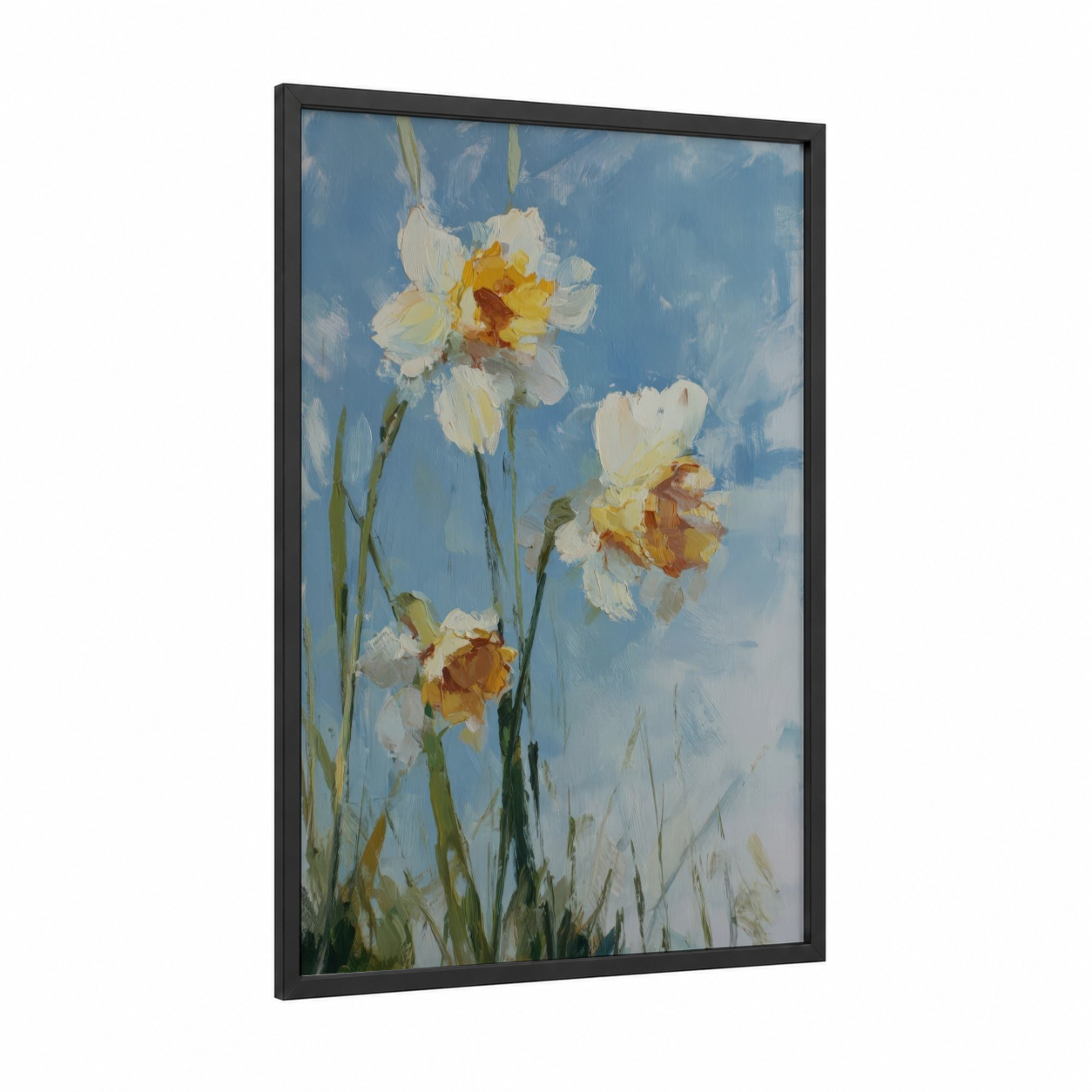 Spring Daffodils framed art print — black wood frame — blue and gold palette