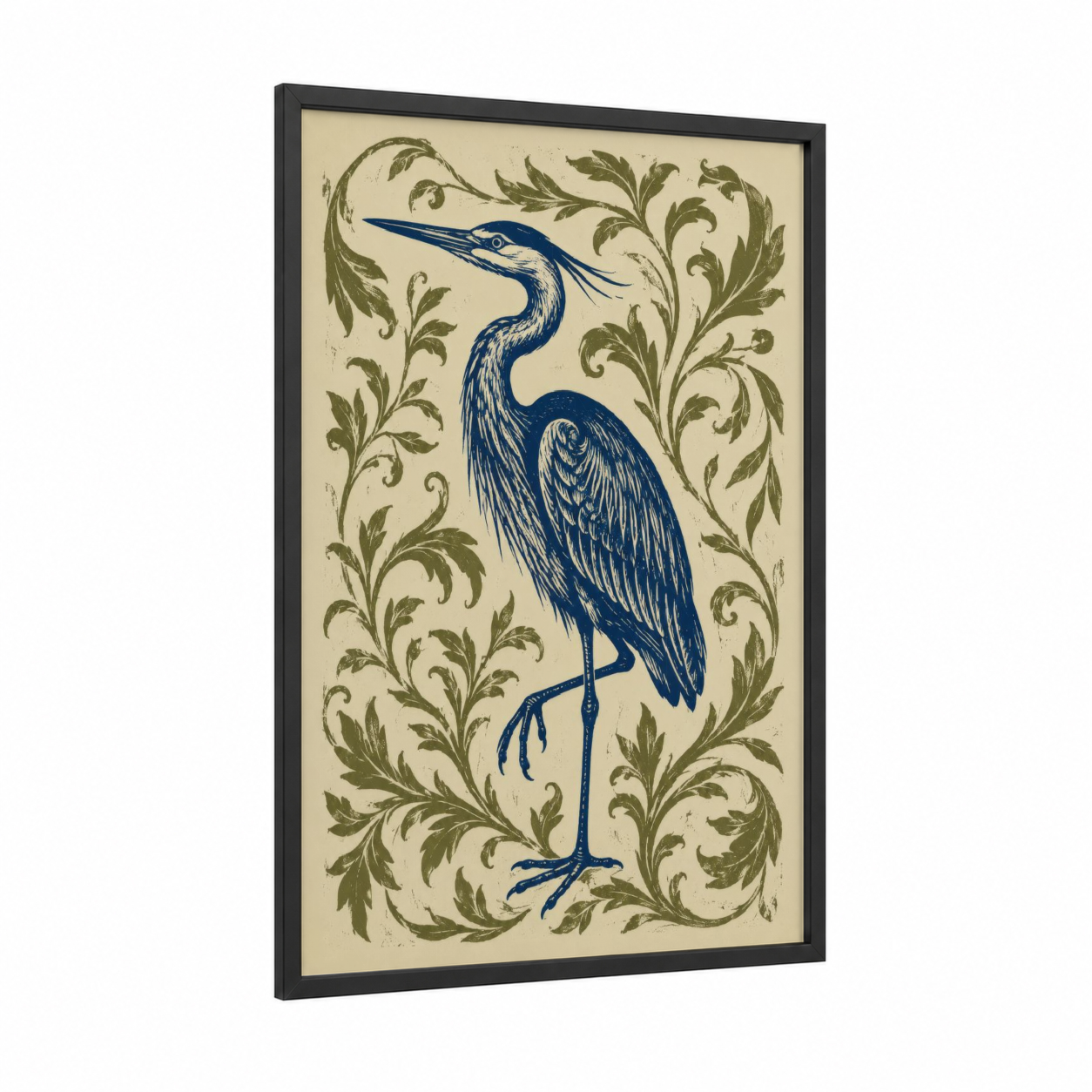 Blue Heron Botanical Wall Art framed art print — black wood frame — blue and beige palette
