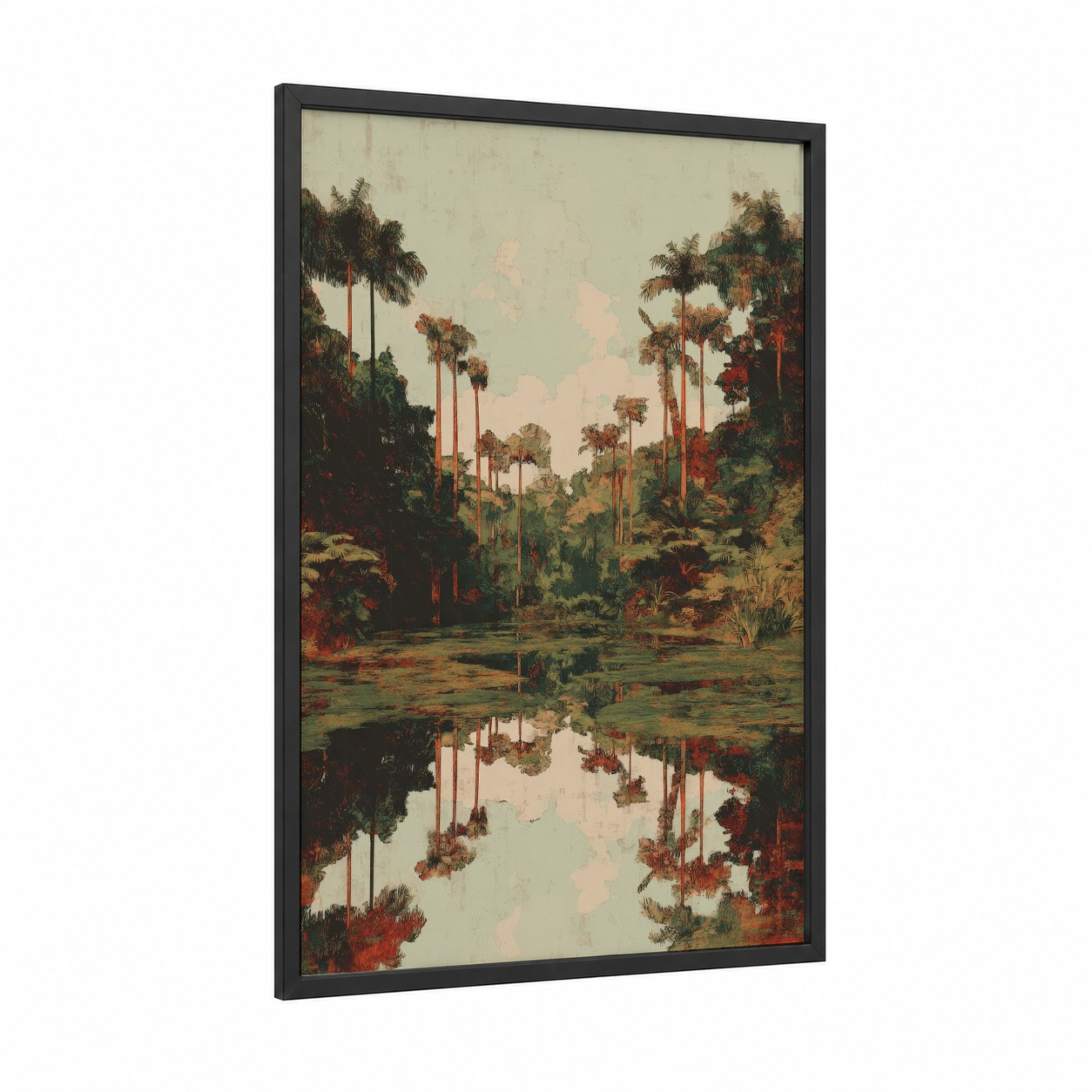 Mirrored Palm Forest framed art print — black wood frame — cream and olive palette
