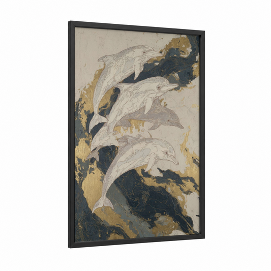 Golden Dolphins framed art print — black wood frame — gold and white and black and gold palette