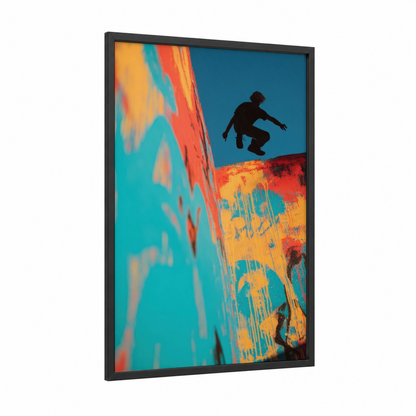 Urban Parkour framed art print — black wood frame — turquoise and orange palette