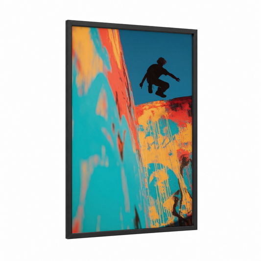 Urban Parkour framed art print — black wood frame — turquoise and orange palette