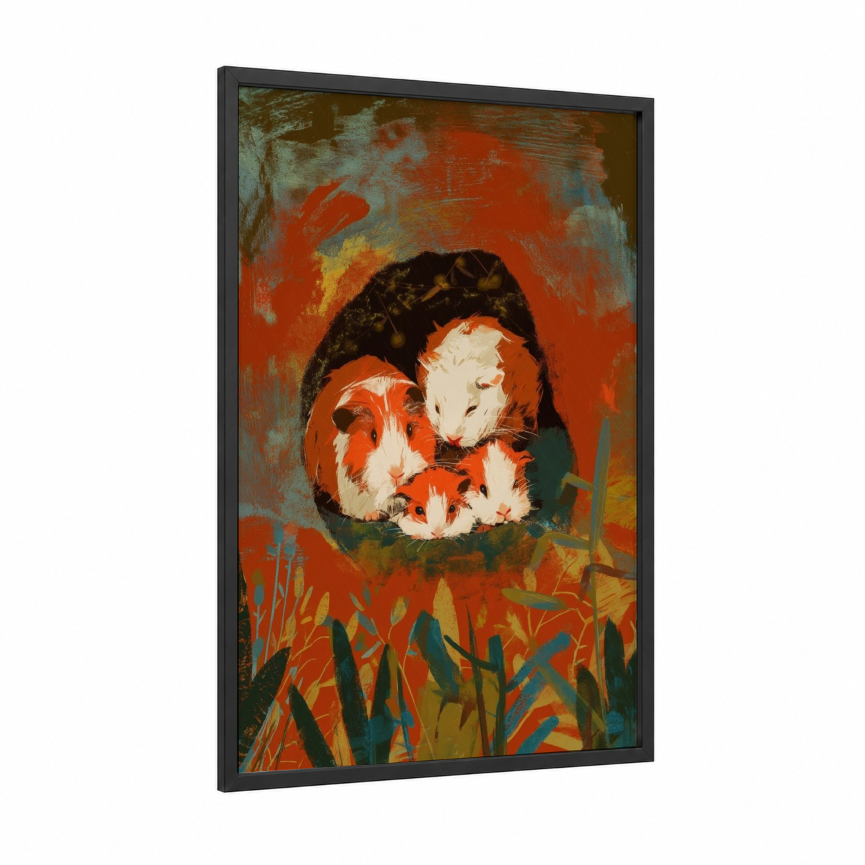 Cozy Guinea Pig Family framed art print — black wood frame — red and brown palette