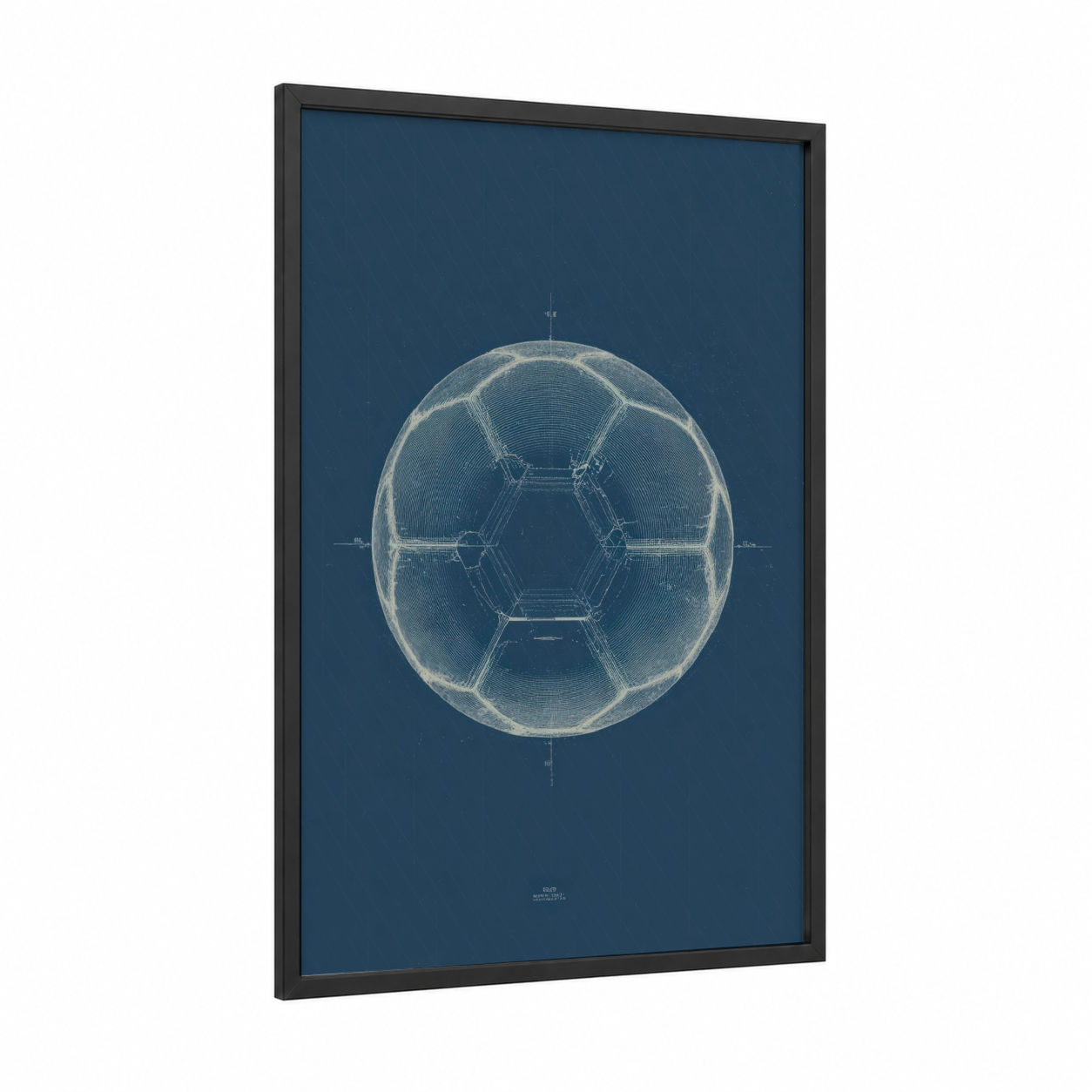 Soccer Blueprint framed art print — black wood frame — dark blue and blue and white palette