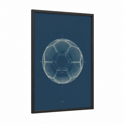 Soccer Blueprint framed art print — black wood frame — dark blue and blue and white palette