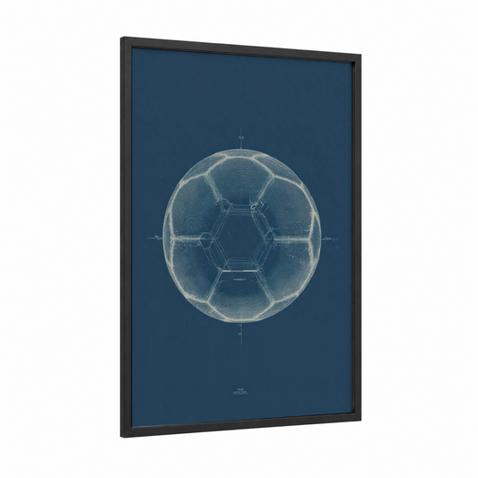 Soccer Blueprint framed art print — black wood frame — dark blue and blue and white palette