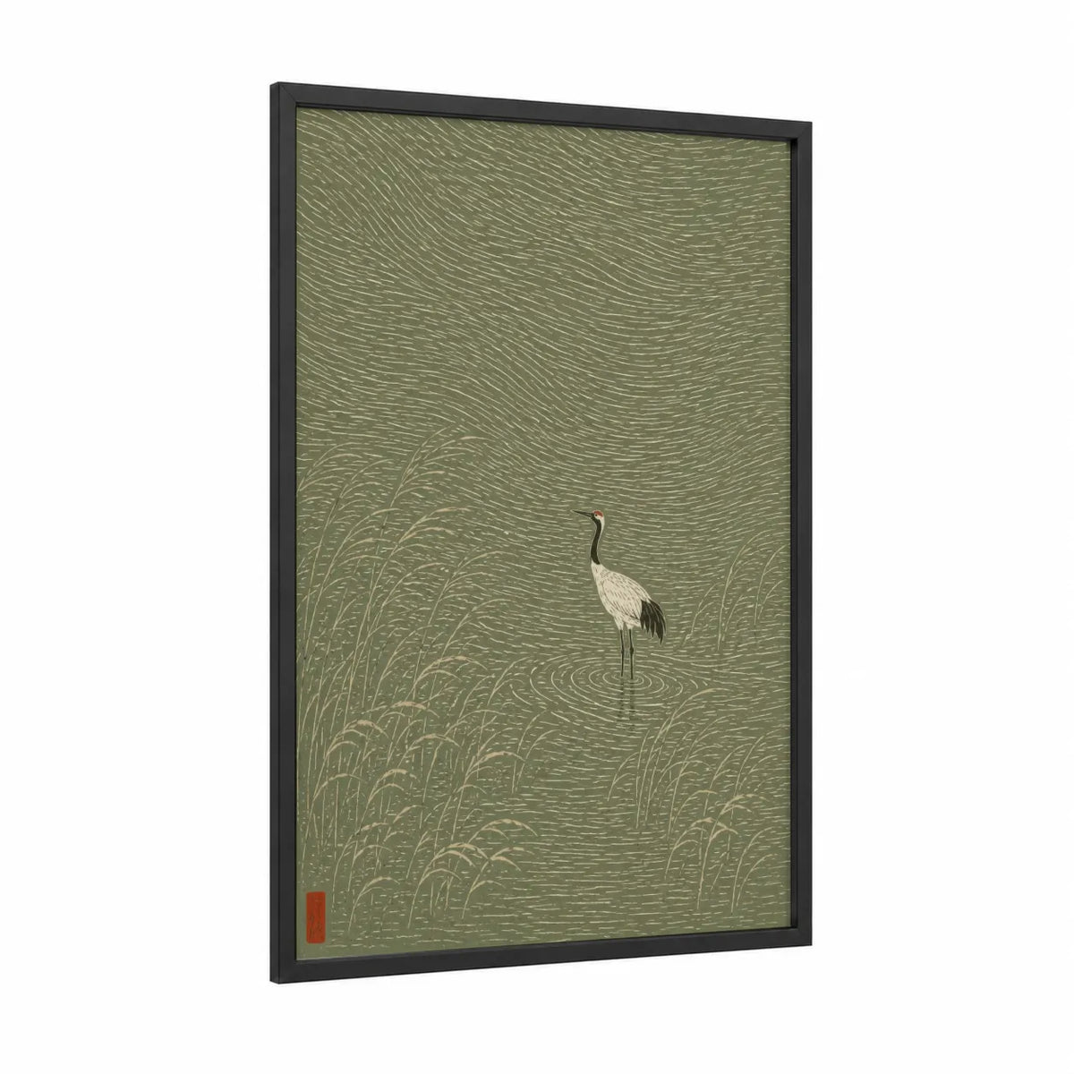 Japanese Crane in Pond Wall Art framed art print — black wood frame — olive and sage green palette
