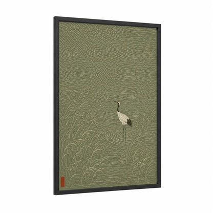 Japanese Crane in Pond Wall Art framed art print — black wood frame — olive and sage green palette