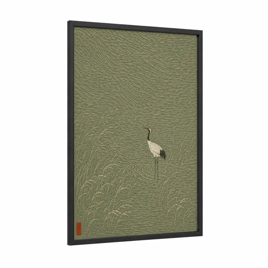 Japanese Crane in Pond Wall Art framed art print — black wood frame — olive and sage green palette