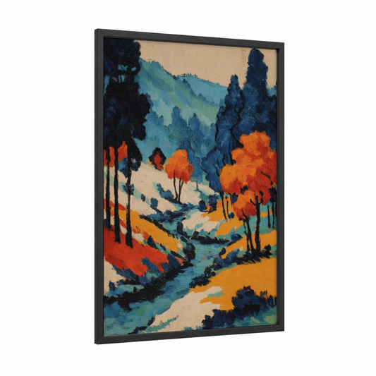 Autumn Mountain Vista framed snowy mountains print — black wood frame — blue and orange palette