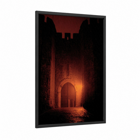Crimson Gateway framed art print — black wood frame — maroon and gold palette
